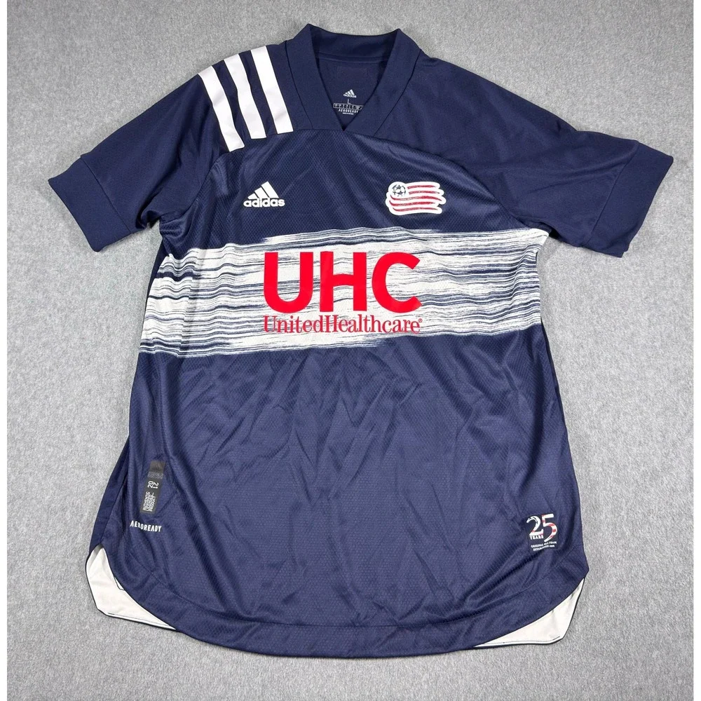 Adidas New England Revolution MLS Soccer Jersey Mens L Blue UHC 25th Anniversary